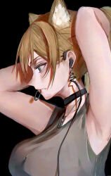Rule 34 | 1girl, absurdres, alternate hairstyle, animal ears, arknights, armpits, arms behind head, arms up, black background, black choker, blonde hair, choker, commentary, earpiece, from side, grey eyes, grey shirt, hair tie, hair tie in mouth, hand in own hair, hands in own hair, highres, holding, holding own hair, horn (arknights), long hair, mouth hold, nemofurai, ponytail, profile, revision, shirt, short sleeves, simple background, solo, t-shirt, tying hair, upper body