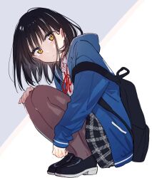 1girl akinoko_(noco916) backpack bag black_bag black_hair black_pantyhose black_shoes black_skirt blue_hoodie choppy_bangs closed_mouth dot_mouth full_body hand_on_own_knee highres hood hoodie jacket loafers looking_at_viewer medium_hair nekozane_mugi open_clothes open_jacket pantyhose pleated_skirt school_uniform shirt shoes skirt slit_pupils solo squatting tonari_no_neko_to_koi_shirazu white_shirt yellow_eyes