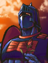 Rule 34 | 1boy, abs, armor, biceps, flower, helmet, kinnikuman, manly, muscular, pectorals, robin mask, rose, ryuuki garyuu, sad, shaded face, sky, solo, standing, tears, upper body, wrestling outfit