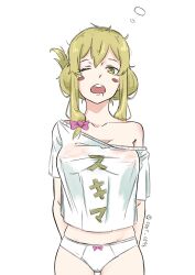 1girl absurdres blonde_hair blush breasts covered_erect_nipples drooling hair_between_eyes hair_ribbon highres long_hair looking_at_viewer medium_breasts messy_hair mouth_drool one_eye_closed open_mouth panties ribbon shirt shot_(shot0598) single_bare_shoulder sleepy solo t-shirt teeth touhou twitter_username underwear upper_teeth_only white_background white_panties white_shirt yakumo_yukari yellow_eyes