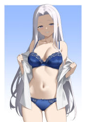 1girl absurdres alternate_costume azur_lane blue_background blue_bra blue_eyes blue_panties border bra breasts cleavage collarbone commentary cowboy_shot english_commentary gradient_background grin highres lace lace-trimmed_bra lace-trimmed_panties lace_trim large_breasts lingerie long_hair long_sleeves navel open_clothes open_shirt panties parallelrey shirt sidelocks simple_background smile solo teeth underwear undressing white_border white_hair white_shirt yorktown_(azur_lane)