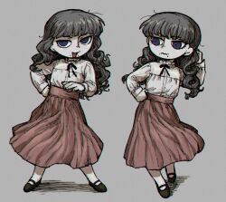 Rule 34 | 1girl, black ribbon, black shoes, brown hair, closed mouth, fear &amp; hunger (series), fear &amp; hunger 2: termina, frilled shirt collar, frills, full body, grey background, hand on own hip, long hair, long sleeves, looking at viewer, marina (fear &amp; hunger), mary janes, multiple views, neck ribbon, open mouth, pink skirt, purple eyes, ribbon, shirt, shirt tucked in, shoes, simple background, skirt, sm2 hokke, smile, socks, standing, white shirt, white socks