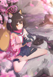 Rule 34 | 1girl, absurdres, animal ear fluff, asymmetrical legwear, black sailor collar, black socks, blue archive, blurry, blush, breasts, brown hair, brown shoes, cherry blossoms, depth of field, eyelashes, eyeliner, falling petals, feet, feng lin, fishnet thighhighs, fishnets, fox girl, fox tail, full body, hair between eyes, hair ornament, high-waist skirt, highres, izuna (blue archive), japanese clothes, kimono, kuji-in, legs, long hair, looking at viewer, makeup, medium breasts, medium hair, miniskirt, mismatched legwear, neckerchief, no shoes, obi, open clothes, open kimono, outdoors, paid reward available, petals, pink eyeliner, pink kimono, pink neckerchief, pink scarf, pleated skirt, rock, sailor collar, sash, scarf, shoes, sitting, skirt, smile, socks, soles, solo, tabi, tail, tassel, teeth, thigh strap, thighhighs, toes, unworn shoes, yellow eyes
