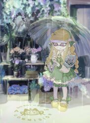 1girl blonde_hair blunt_bangs bouquet braid closed_mouth collared_shirt commission flower frilled_thighhighs frills full_body green_hairband green_neckerchief green_ribbon green_skirt hair_flower hair_ornament hair_ribbon hairband hairclip highres holding holding_umbrella inkling inkling_girl inkling_player_character long_hair long_sleeves mary_janes neckerchief nintendo outdoors pink_eyes plant pointy_ears potted_plant puffy_long_sleeves puffy_sleeves rain ribbon shirt shoes skirt smile solo splatoon_(series) split_mouth standing tentacle_hair thighhighs twin_braids umbrella vest watermark white_flower white_shirt white_thighhighs yellow_shoes yellow_vest zeqwq