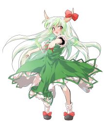 1girl alphes_(style) blush bow breasts commentary_request dairi dress ex-keine full-face_blush full_body green_dress green_hair highres horn_bow horn_ornament horns kamishirasawa_keine large_variant_set long_hair looking_at_viewer multicolored_hair open_mouth outstretched_arm parody red_bow red_eyes shoes short_sleeves socks solo style_parody tachi-e touhou transparent_background two-tone_hair variant_set very_long_hair white_hair white_sleeves white_socks