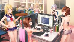 5girls ahoge bikini bikini_skirt black_bikini blonde_hair blue_bikini blue_sailor_collar blush bob_cut bow bowtie breasts brown_hair butt_crack closed_mouth coffee_mug collarbone computer computer_mouse computer_tower cup frilled_one-piece_swimsuit frilled_skirt frills game_cg green_eyes grey_hair holding holding_paper holding_tray hot index_finger_raised indoors large_breasts linea_alba marie_mahler median_furrow microskirt monitor mug mugendo_saki multi-strapped_bikini_bottom multi-strapped_bikini_top multiple_girls navel non-web_source nose_blush official_alternate_hair_length official_alternate_hairstyle official_art one-piece_swimsuit otori_ai paper parted_lips pink_one-piece_swimsuit profile purple_eyes red_bow red_bowtie sailor_bikini sailor_collar short_hair siblings sideways_mouth sisters sitting skirt small_breasts smile standing stomach string_bikini sweat swimsuit tachibana_nana thighhighs tray white_bikini yanagiya_kokoro yumeutsutsu_re:master