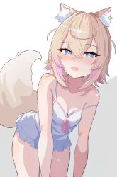 Rule 34 | 1girl, absurdres, alternate costume, animal ear fluff, animal ears, blonde hair, blue eyes, blush, breasts, cleavage, crossed bangs, dog ears, dog girl, dog tail, double-parted bangs, dress, fang, hair between eyes, highres, hololive, hololive english, looking at viewer, mococo abyssgard, multicolored hair, pink hair, sasaki ikuya, short hair, skin fang, small breasts, solo, strap slip, streaked hair, tail, two side up, virtual youtuber, white dress