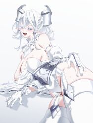 1girl bare_shoulders blush breasts cleavage cowboy_shot demon_girl demon_horns detached_sleeves dress drill_hair duel_monster earrings gloves highres horns huge_breasts jewelry lovely_labrynth_of_the_silver_castle pointy_ears sanzakasun signature solo strapless strapless_dress twin_drills white_dress white_eyes white_gloves white_hair white_sleeves yu-gi-oh!