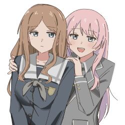 Rule 34 | 2girls, :d, :|, bang dream!, bang dream! it&#039;s mygo!!!!!, blazer, blue eyes, blue serafuku, blush, brown hair, buttons, chihaya anon, closed mouth, collared shirt, green necktie, grey jacket, grey neckerchief, hands on another&#039;s shoulders, hands up, haneoka school uniform, highres, jacket, lapels, long sidelocks, long sleeves, looking at viewer, looking to the side, multiple girls, nagasaki soyo, neckerchief, necktie, open mouth, parted bangs, pink hair, sailor collar, school uniform, serafuku, shirt, sidelocks, simple background, smile, suitou (suitou 55), teeth, tsukinomori school uniform, upper body, upper teeth only, white background, white sailor collar, white shirt, winter uniform