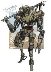 artist_logo backpack bag newsboy_cap commentary commission cyclops digitigrade english_commentary extra_arms full_body hat highres holding holding_lead_pipe humanoid_robot joints juerucj lead_pipe logo no_humans one-eyed original pouch robot robot_joints skeb_commission thank_you thigh_pouch