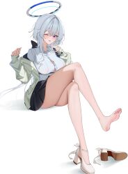 1girl ;p absurdres ass barefoot black_skirt blue_archive blush breasts button_gap crossed_legs fingernails full_body grey_hair halo highres invisible_chair jacket lanhua227 large_breasts long_hair looking_at_viewer miniskirt nail_polish noa_(blue_archive) one_eye_closed purple_eyes shirt sitting skirt smile solo tongue tongue_out unworn_shoe very_long_hair white_jacket white_shirt