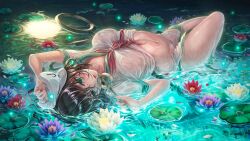 Rule 34 | 1girl, anchor print, black hair, breasts, commentary request, flower, flower request, game cg, green eyes, green nails, green sailor collar, haruno (kuromitugozen), hat, highres, hishaku, lily pad, looking at viewer, lying, midriff, murasa minamitsu, navel, neckerchief, official art, on back, open mouth, purple flower, red flower, red neckerchief, sailor, sailor collar, sailor hat, sailor shirt, shirt, short hair, short sleeves, shorts, solo, stomach, third-party source, touhou, touhou danmaku kagura, water, wet, wet clothes, white flower, white hat, white shirt, white shorts
