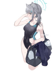 1girl absurdres animal_ear_fluff animal_ears bag bare_legs blue_archive breasts character_name collarbone commentary competition_swimsuit cropped_legs cross_hair_ornament duffel_bag earrings extra_ears grey_hair hair_ornament halo highleg highleg_one-piece_swimsuit highres jewelry looking_ahead medium_breasts narakuuu official_alternate_costume one-piece_swimsuit shiroko_(blue_archive) shiroko_(swimsuit)_(blue_archive) simple_background solo stud_earrings swimsuit two-tone_one-piece_swimsuit white_background wolf_ears