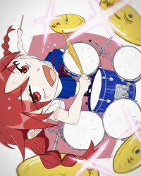 Rule 34 | 1girl, absurdres, blue skirt, braid, commentary request, drum, drum set, drumsticks, film grain, fisheye, foreshortening, from above, futsuu no keion-bu, highres, holding, holding drumsticks, instrument, looking at viewer, mole, mole under eye, neck ribbon, perspective, playing drum, pleated skirt, red eyes, red hair, red ribbon, ribbon, school uniform, shirt, short sleeves, sitting, skirt, smear frame, solo, sparkle, summer uniform, tariki world, twin braids, twintails, uchida momo, white shirt