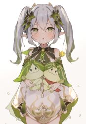 1girl :o absurdres alternate_hairstyle aranara_(genshin_impact) bare_shoulders blush commentary_request cowboy_shot cross-shaped_pupils detached_sleeves dress gem genshin_impact gold_trim green_eyes green_gemstone green_hair green_sleeves hair_between_eyes hair_ornament highres holding long_hair looking_at_viewer nahida_(genshin_impact) pointy_ears simple_background sleeveless sleeveless_dress solo symbol-shaped_pupils tata_b_o_x twintails white_background white_dress white_hair