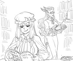 2girls athrun_zala bb_(baalbuddy) blush breasts commentary crossover demon_girl demon_horns english_commentary fujoshi glasses greyscale gundam gundam_seed highres horns kira_yamato large_breasts librarian library long_hair long_skirt manga_(object) monochrome multiple_girls nose_blush patchouli_knowledge pointy_ears pornography profanity reading semi-rimless_eyewear side_slit skirt slaanesh thighhighs touhou under-rim_eyewear warhammer_40k yaoi_(object)