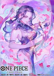 1girl closed_mouth commentary_request copyright_name disembodied_hand dress extra_arms glint hana_hana_no_mi holding holding_knife knife long_hair looking_at_viewer nico_robin official_art one_eye_closed one_piece one_piece_card_game oo6 pink_petals purple_dress purple_theme side_slit sidelocks sleeveless sleeveless_dress solo turtleneck turtleneck_dress