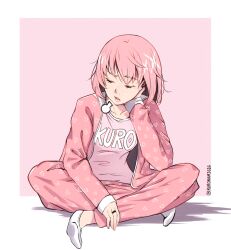 1girl closed_eyes crossed_legs disappointed highres kuronami616 mole mole_under_eye open_mouth original pajamas panties pink_hair pink_panties pink_theme pout short_hair simple_background sitting socks underwear