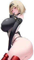 1girl ass bare_shoulders black_gloves black_hairband blonde_hair blush breasts brown_eyes closed_mouth commentary_request elbow_gloves from_side gloves goddess_of_victory:_nikke green_hair hairband highleg highleg_leotard highres huge_breasts index_finger_raised leotard looking_at_viewer medium_hair multicolored_leotard red_shoes_(nikke) revision short_hair simple_background smile solo thick_thighs thighs two-tone_leotard white_background white_leotard ziroqon