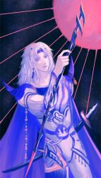 1boy armor beads black_background blue_cape blue_eyes blue_headband cape cecil_harvey earrings expressionless faniod final_fantasy final_fantasy_iv floating_earrings hair_beads hair_ornament hand_up headband highres holding holding_polearm holding_weapon jewelry light_rays limited_palette long_hair looking_at_viewer male_focus polearm scabbard sheath shoulder_armor shoulder_spikes solo spikes sun sunbeam sunlight sword tassel tassel_earrings upper_body weapon white_hair