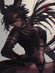 1girl animal_ears black_bra black_hair black_panties bra dark-skinned_female dark_skin eyepatch final_fantasy final_fantasy_xiv fingerless_gloves gloves jacket looking_at_viewer navel panties rabbit_ears rabbit_girl red_eyes studded_gloves studded_jacket toned toned_female underwear viera warrior_of_light_(ff14) watermark yum_xoxo_yum
