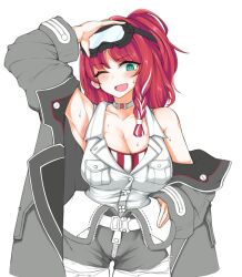 1girl ;d bare_shoulders blush braid breasts bright_pupils cleavage coat collarbone commentary_request cowboy_shot goggles goggles_on_head green_eyes grey_coat hand_on_own_hip highres korean_commentary large_breasts long_sleeves looking_at_viewer medium_hair multicolored_hair off_shoulder one_eye_closed open_mouth original purerin red_hair side_braid simple_background smile solo standing streaked_hair sweat white_background white_hair white_pupils zipper