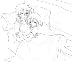 2girls chinese_commentary closed_eyes commentary_request couch cuddling cushion girls_band_cry glasses greyscale highres iseri_nina kawaragi_momoka long_hair lying_on_person monochrome multiple_girls on_couch open_mouth short_sleeves short_twintails shouta_2004 sleeping sleeping_on_person twintails yuri
