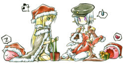 2girls :3 ark_kan blonde_hair blue_hair brown_cape brown_dress cape christmas closed_mouth commentary_request cross dress full_body fur-trimmed_cape fur-trimmed_headwear fur_trim garter_straps gift green_eyes hat heart high_priest_(ragnarok_online) high_wizard_(ragnarok_online) juliet_sleeves long_hair long_sleeves looking_at_viewer multiple_girls musical_note pointy_ears poring puffy_sleeves purple_eyes ragnarok_online red_hat santa_hat sash short_hair simple_background sitting slime_(creature) small_sweatdrop smile spoken_heart spoken_musical_note spoken_zzz thighhighs two-tone_dress white_background white_dress white_sash white_thighhighs zzz