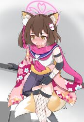 1girl absurdres animal_ears blue_archive blush brown_hair drooling female_focus fox_ears fox_tail gloves highres izuna_(blue_archive) lmc_(pivix) open_mouth pee peeing skirt solo standing steam tail thighhighs trembling wet wet_clothes