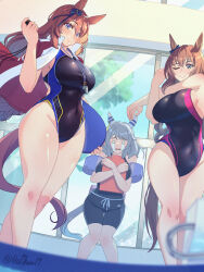 3girls alternate_costume animal_ears blue_eyes blurry blurry_background brown_hair commentary_request competition_swimsuit cross-body_stretch crying highres hishi_miracle_(umamusume) holding_kickboard horse_ears horse_girl horse_tail indoors inflatable_armbands jacket jacket_on_shoulders kickboard long_hair maruzensky_(umamusume) medium_hair multiple_girls one-piece_swimsuit reihou19 smile stopwatch super_creek_(umamusume) swimsuit tail umamusume watch whistle whistle_around_neck