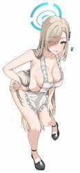 Rule 34 | 1girl, absurdres, apron, asuna (blue archive), bare shoulders, black shoes, blonde hair, blue archive, blue eyes, blue halo, blush, bow, breasts, cleavage, collarbone, eyes visible through hair, frilled apron, frills, full body, grin, groin, hair ornament, hair over one eye, hair ribbon, halo, hand on own hip, highres, large breasts, long hair, looking at viewer, maid apron, mole, mole on breast, murabito c, naked apron, ribbon, shoes, sideboob, simple background, smile, solo, standing, thighs, very long hair, white apron, white background