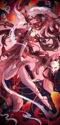 1girl absurdres aichinaigai backless_dress backless_outfit bare_shoulders barefoot black_choker black_gloves brown_hair choker closed_mouth criss-cross_halter detached_sleeves dress feet floating_hair fox_mask from_side full_body gloves gradient_hair halterneck highres holding holding_mask holding_shoe honkai:_star_rail honkai_(series) long_hair looking_at_viewer mask multicolored_hair pink_eyes red_dress red_hair red_sleeves sandals short_dress short_sleeves sidelocks sideways_glance single_glove sleeveless sleeveless_dress smile soles solo sparkle_(honkai:_star_rail) toes twintails unworn_shoes very_long_hair