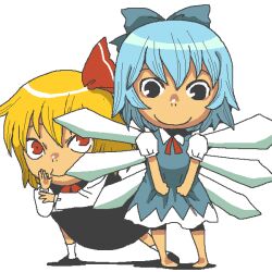 Rule 34 | 2girls, barefoot, black dress, black eyes, black shoes, blonde hair, blue dress, blue eyes, blue hair, bow, bowtie, cirno, closed mouth, commentary request, dress, full body, hair bow, ice, ice wings, long sleeves, looking at viewer, multiple girls, onikobe rin, red bow, red bowtie, red eyes, rumia, shirt, shoes, short hair, simple background, smile, socks, standing, touhou, white background, white shirt, white socks, wings