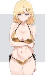 1girl absurdres alternate_costume arm_under_breasts bare_shoulders bikini blonde_hair blue_eyes bluefield blush breasts cleavage closed_mouth collarbone commentary gold_bikini golden_week golden_week_bikini hair_ornament hand_on_own_arm highres holding_own_arm hololive hololive_english large_breasts looking_to_the_side mole mole_on_breast navel shiny_swimsuit short_hair side-tie_bikini_bottom simple_background solo stomach swimsuit symbol-only_commentary virtual_youtuber watson_amelia white_background