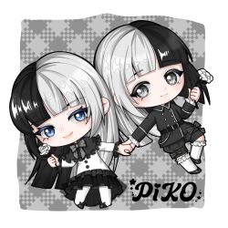 1boy 1girl belt black_belt black_coat black_dress black_hair black_ribbon blue_eyes brother_and_sister chibi chibi_only coat crossdressing dress flower frilled_dress frills grey_eyes highres holding holding_flower holding_hands houndstooth_background jiip_stomach kamen_rider kamen_rider_gavv_(series) lipstick makeup multicolored_hair pantyhose piko_(pikosa) ribbon shoes shorts siblings siita_stomach thighhighs trap twins two-tone_hair watermark white_hair white_pantyhose white_thighhighs