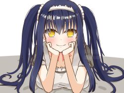&gt;:) 1girl apron black_hair blush breasts closed_mouth commentary entei24 eyebrows_hidden_by_hair hair_between_eyes hair_ornament hair_scrunchie hands_on_own_cheeks hands_on_own_face hands_up happy highres kushima_kamome large_breasts long_hair looking_at_viewer lying maid maid_headdress neck_ribbon official_alternate_costume official_alternate_hairstyle on_stomach puffy_short_sleeves puffy_sleeves red_ribbon ribbon ringed_eyes scrunchie short_sleeves sidelocks simple_background smile solo straight-on straight_hair summer_pockets twintails twitter_username upper_body v-shaped_eyebrows very_long_hair watermark white_apron white_background white_scrunchie yellow_eyes