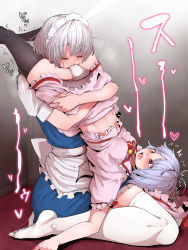 2girls antenna_hair bad_anatomy black_legwear cameltoe closed_eyes gradient_background hat heart highres izayoi_sakuya mob_cap multiple_girls panties red_hair remilia_scarlet size_difference smelling smelling_pussy smelling_sweaty_pussy starraisins tagme thighhighs touhou underwear unworn_hat unworn_headwear white_legwear white_panties yuri