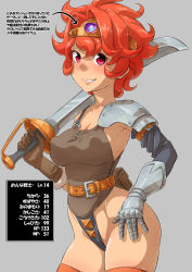 Rule 34 | 1girl, armor, dragon quest, fantasy, gauntlets, gem, ha ku ronofu jin, highres, japanese text, leotard, orange legwear, pink eyes, red hair, square enix, sword, tiara, translation request, weapon