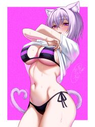 1girl absurdres animal_ears bikini black_bikini border breasts cat_ears cat_girl cat_tail clothes_lift cowboy_shot heart heart-shaped_pupils highres hololive kizakura_art large_breasts nekomata_okayu purple_background purple_eyes purple_hair purple_tail shirt shirt_lift side-tie_bikini_bottom signature simple_background solo swimsuit symbol-shaped_pupils tail undressing virtual_youtuber white_border white_shirt