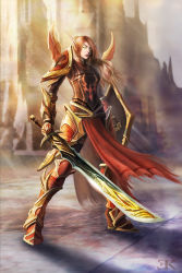 1girl armor armored_boots blood_elf_(warcraft) boots elf hearthstone highres lady_liadrin long_eyebrows paladin pointy_ears ponytail red_armor shoulder_armor sword tabard warcraft weapon world_of_warcraft