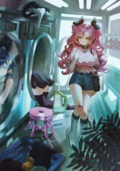3girls ahoge anby_demara bandaid bandaid_on_knee bandaid_on_leg belle_(zenless_zone_zero) black_boots black_skirt black_thighhighs blue_hair boots breasts cat clothes_hanger commentary_request denim denim_shorts earrings green_eyes hair_ornament heart heart_earrings heart_necklace highres indol jewelry large_breasts letter_hair_ornament long_hair midriff multiple_girls navel necklace nicole_demara pink_hair pink_shirt shirt short_hair shorts skirt thighhighs thighs twintails washing_machine zenless_zone_zero zettai_ryouiki