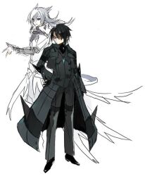 2boys black_gloves black_hair blue_eyes boots elbow_gloves gen_5_pokemon gloves grey_footwear jacket legendary_pokemon male_focus multiple_boys nintendo personification pokemon reshiram simple_background spiked_hair sunglasses white_background white_hair yara_kami_meiosei zekrom