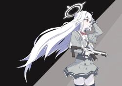 Rule 34 | 1girl, adjusting hair, arm up, assault rifle, aw6elg7t2ejl3nc, black corset, blue archive, closed mouth, collared dress, commentary request, corset, cowboy shot, dress, from side, grey serafuku, gun, hair between eyes, halo, head wings, highres, holding, holding gun, holding weapon, id card, long hair, long sleeves, mole, mole under eye, red eyes, rifle, sailor dress, school uniform, serafuku, sig mcx, single head wing, single wing, skirt, solo, suzumi (blue archive), thighhighs, very long hair, weapon, white hair, wings