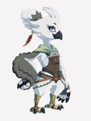 1boy animal_feet ankleband arm_at_side armor bandana beak bird_boy bird_legs blue_eyes blush blush_stickers body_fur claws closed_mouth feather_hair_ornament feathers full_body furry furry_male green_bandana grey_fur grey_hair grey_wings hair_ornament hair_tie hand_on_own_hip highres looking_at_viewer male_focus multicolored_hair nintendo profile red_feathers riku_(ri1k63) rito short_hair simple_background solo standing the_legend_of_zelda the_legend_of_zelda:_tears_of_the_kingdom tulin_(zelda) two-tone_fur two-tone_hair white_background white_fur white_hair winged_arms wings