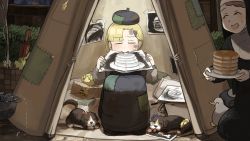 &gt;_&lt; 2girls ^_^ aged_down apron bag basin basket beret bernese_mountain_dog bird blonde_hair blue_bow bone bow brown_hair burger catfish chicken closed_eyes commentary diva_(hyxpk) dog drawing duck duckling earthworm eating english_commentary fish fishing_rod food hat hedge highres hole in_bag in_container little_nuns_(diva) mouse_(animal) multiple_girls nose_bubble nun pancake pancake_nun_(diva) paper paper_bag patch peeking_out pizza plate puppy red_bow red_umbrella shadow sketch sleeping slice_of_life spicy_nun&#039;s_mother_(diva) spitting steak sweatdrop tent traditional_nun umbrella watering
