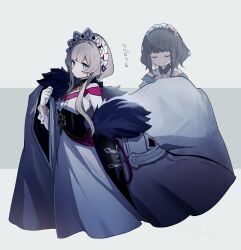Rule 34 | 2girls, black hair, blue eyes, blunt bangs, brown hair, closed eyes, coat, cropped legs, dress, fur-trimmed coat, fur trim, genshin impact, gloves, hair ornament, headdress, highres, jewelry, katheryne (genshin impact), looking at viewer, merry-san, multiple girls, necklace, off-shoulder dress, off shoulder, removing coat, sandrone (genshin impact), short hair with long locks, translation request, white background, white coat, white dress, white gloves, x hair ornament