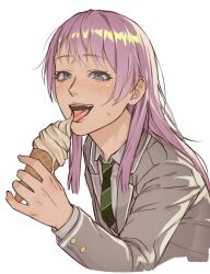 1girl bang_dream! bang_dream!_it&#039;s_mygo!!!!! blush chihaya_anon commentary_request food green_necktie grey_eyes grey_jacket haneoka_school_uniform highres holding holding_ice_cream_cone ice_cream ice_cream_cone jacket korean_commentary long_hair long_sleeves necktie nohee07 open_mouth pink_hair school_uniform shirt simple_background solo sweat sweatdrop tongue tongue_out white_background white_shirt