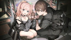 Rule 34 | 1boy, 1girl, :d, absurdres, backpack, bag, black pants, black shoes, boots, breasts, brown boots, brown hair, charm (object), checkered floor, cleavage, closed mouth, commentary request, commission, ear piercing, grey eyes, grey jacket, grey shirt, hair between eyes, haruri, headphones, headphones removed, highres, holding, holding stuffed toy, indoors, jacket, long hair, long sleeves, medium breasts, off shoulder, open clothes, open jacket, open mouth, original, pants, piercing, pink hair, puffy long sleeves, puffy sleeves, shirt, shoes, short sleeves, signature, smile, squatting, stuffed animal, stuffed cat, stuffed rabbit, stuffed toy, two side up, x x