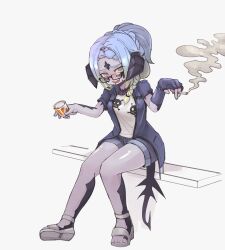 1girl absurdres au_ra bare_legs black-framed_eyewear blue_hair blush breasts brown_eyes cigarette commission cup drooling ghost_pose glasses grey_jacket highres holding holding_cigarette holding_cup horns hwaryeok jacket long_hair looking_at_viewer medium_breasts monster_girl on_bench open_mouth original ponytail sandals scales semi-rimless_eyewear shirt short_shorts short_sleeves shorts sitting smoking solo white_background white_shirt