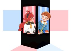 1boy 1girl ahoge amuro_ray asticassia_school_uniform black_hairband earth_federation gundam gundam_suisei_no_majo hairband highres low_ponytail mobile_suit_gundam ponytail red_hair school_uniform short_hair shoulder_boards smile suletta_mercury thick_eyebrows zasha_(zashache)